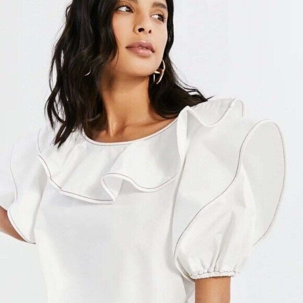 Something Navy White Ruffle Puff Sleeve Blouse